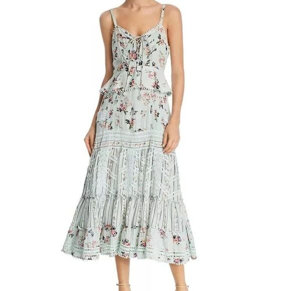 Hemant & Nandita Tiered Lace Mint Floral Boho Cottage Core Midi Dress Sz Small - Picture 1 of 10